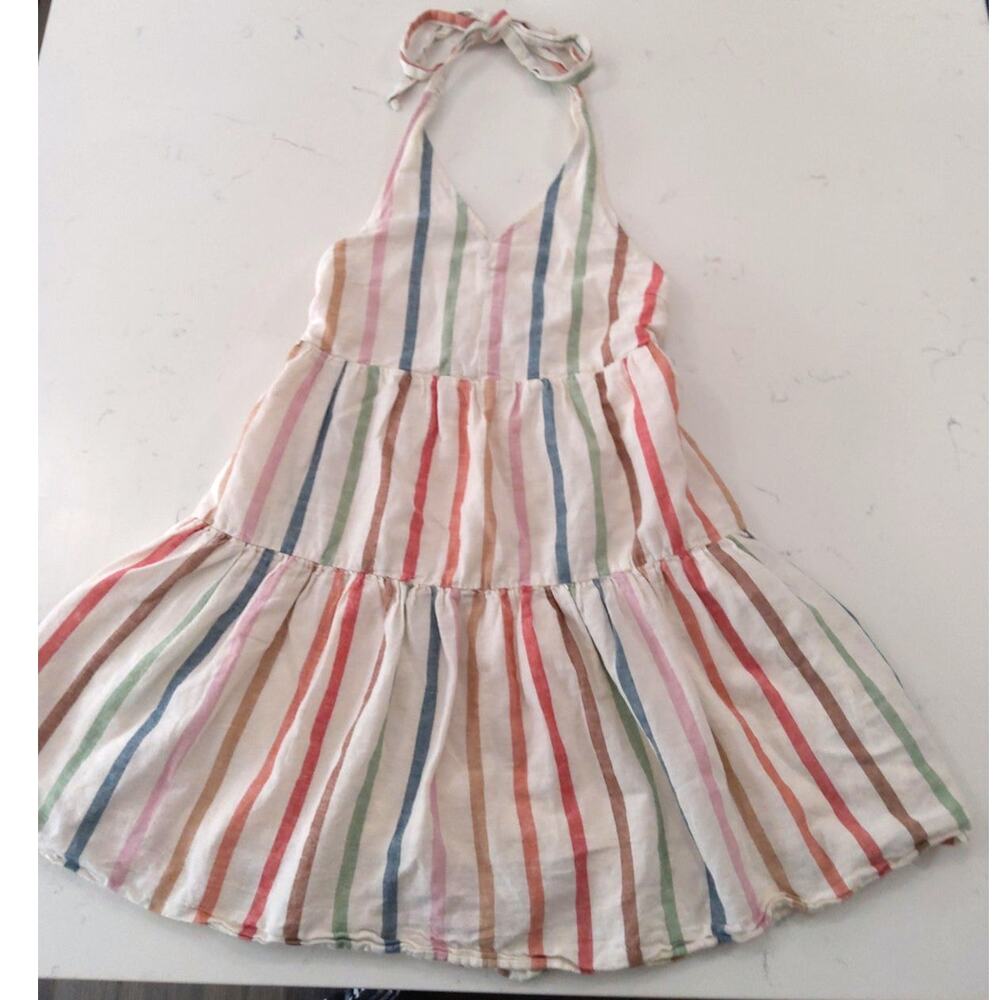 Y2K American Eagle halter striped dress sz S Linen/cotton Ruched tiered boho
